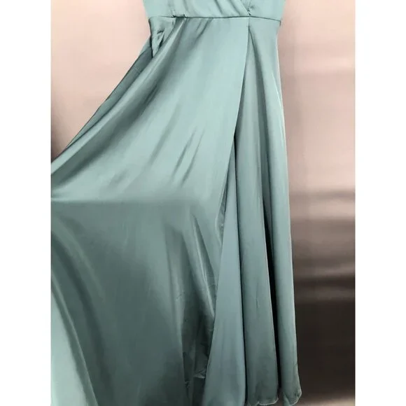 Lulus Women's Front Slit Satin Maxi Dress S Teal Green Formal Dance Bridesmaid - Picture 5 of 12
